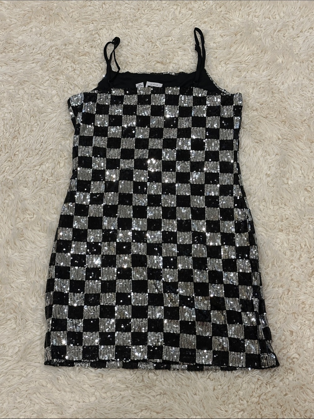 Noisy May Black & Silver Sequin Checker Mini Dress - Picture 2 of 7
